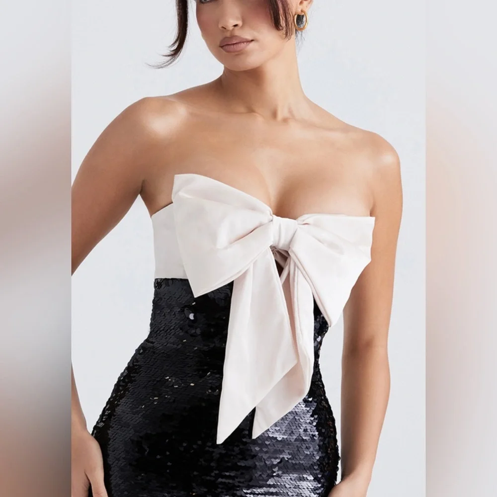 HOUSE OF CB - BLACK SEQUIN STRAPLESS BOW DRESS - Picture 5 of 15